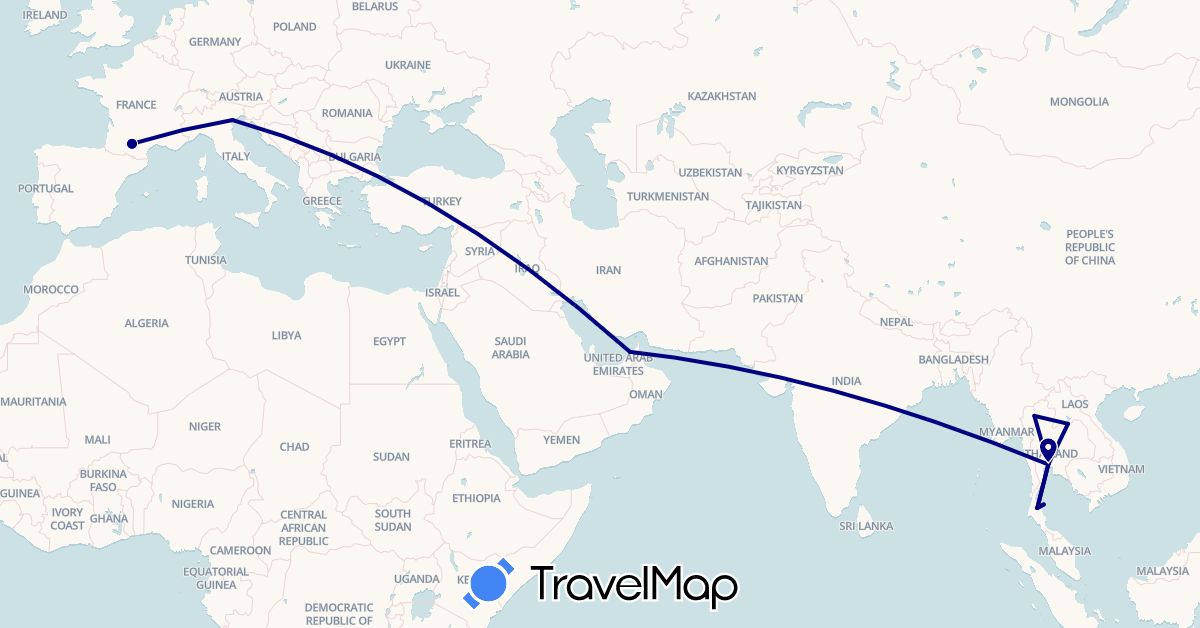 TravelMap itinerary: driving in United Arab Emirates, France, Italy, Laos, Thailand (Asia, Europe)